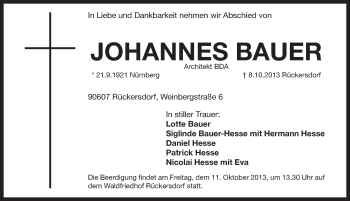 Traueranzeige von Johannes Bauer von Pegnitz-Zeitung